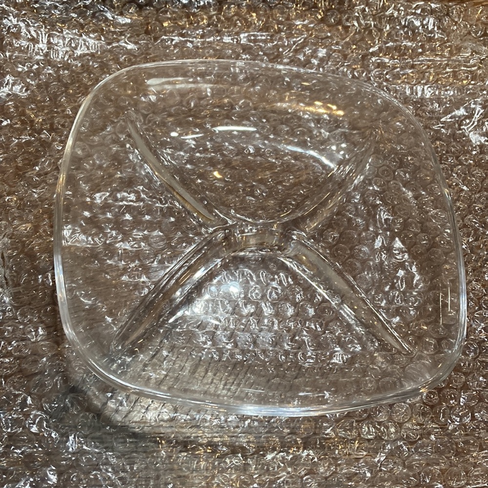 🆕 in box. 7.8” square divided glass dish. Moda Serveware.